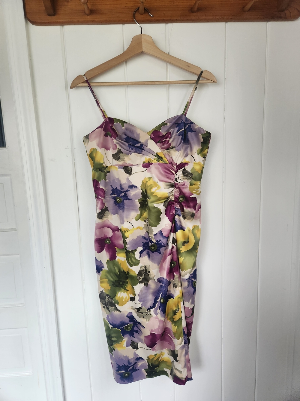 Vintage Donna Ricco Watercolor Floral Satin Dress 90s Ruched Midi Spiegel Co